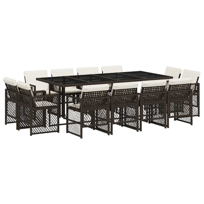vidaXL 13 Piece Garden Dining Set with Cushions Brown Poly Rattan 2