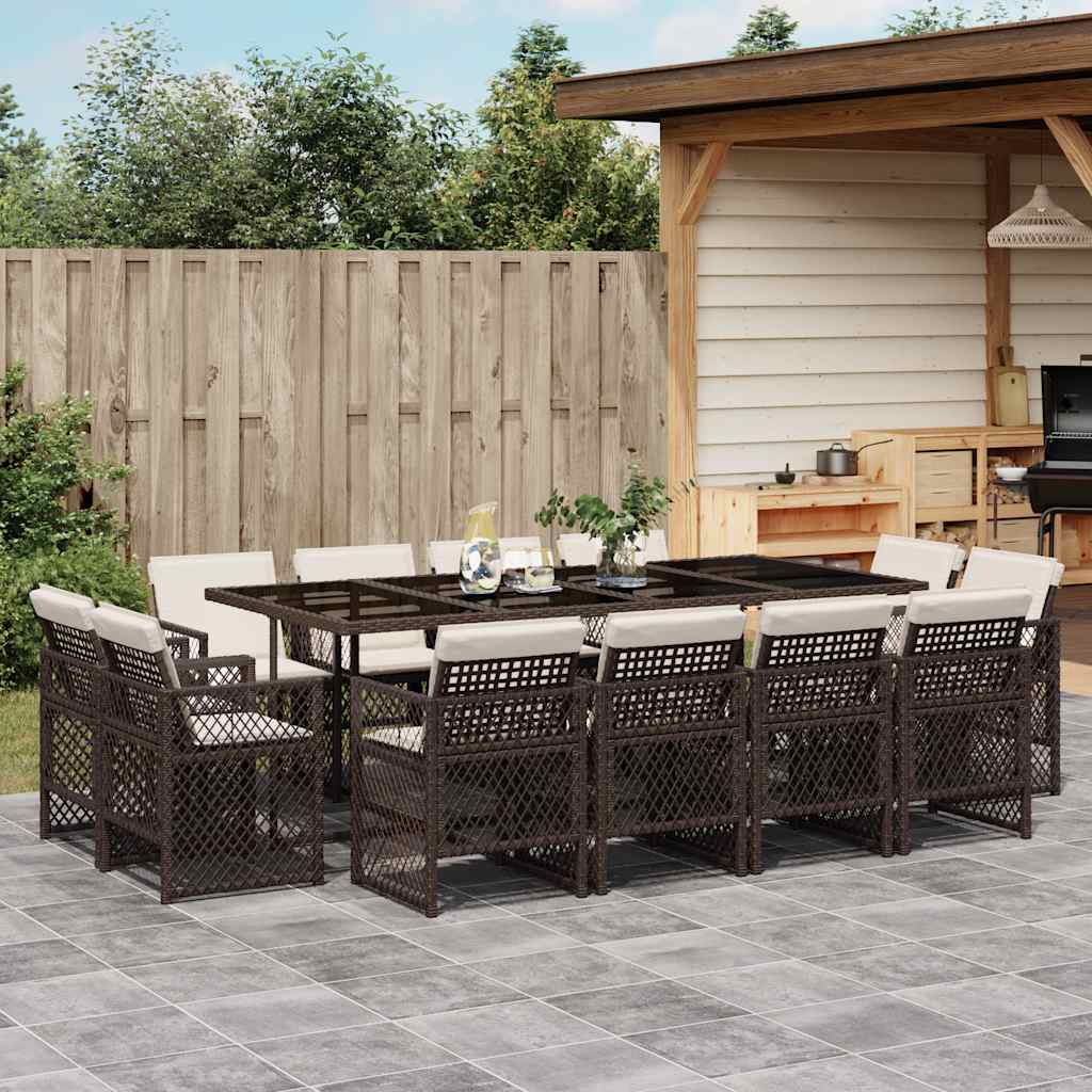 vidaXL 13 Piece Garden Dining Set with Cushions Brown Poly Rattan 1