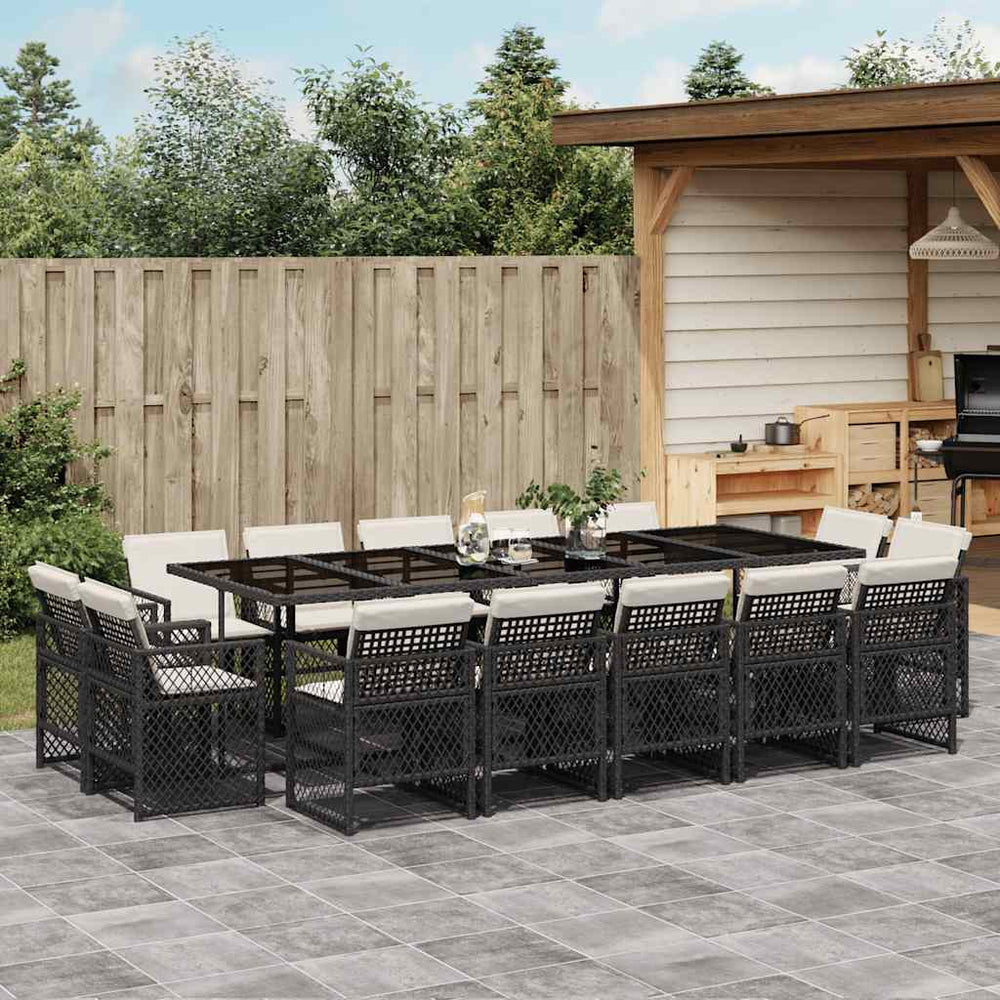 vidaXL 15 Piece Garden Dining Set with Cushions Black Poly Rattan