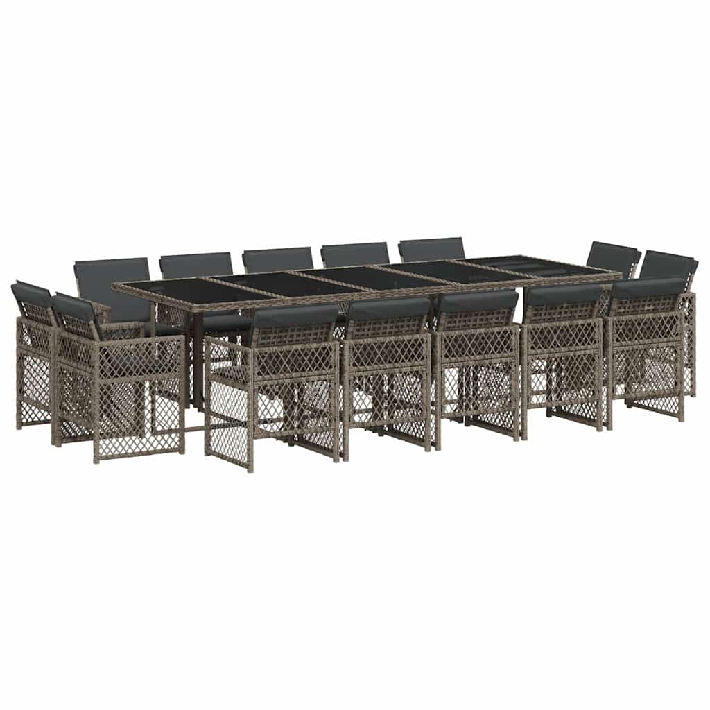 vidaXL 15 Piece Garden Dining Set with Cushions Grey Poly Rattan 2