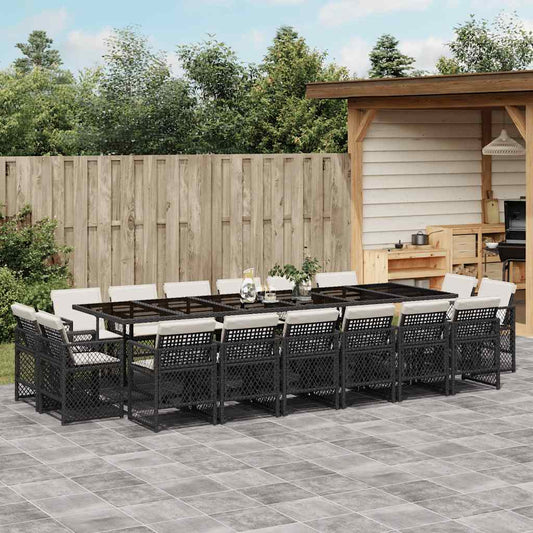 17 Piece Garden Dining Set with Cushions Poly Rattan Glass 16 Black and cream