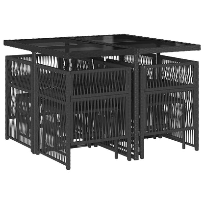 9 Piece Garden Dining Set with Cushions Poly Rattan Glass 8 pcs Black and cream