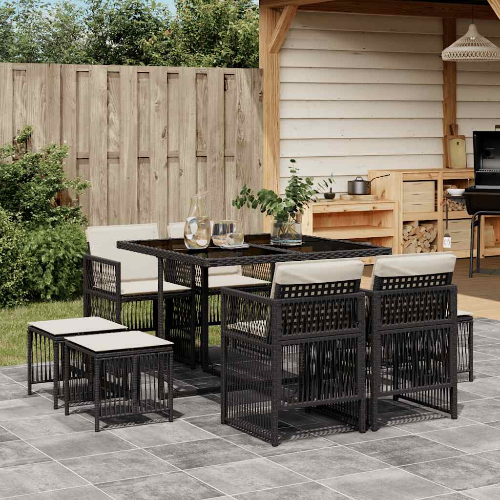 9 Piece Garden Dining Set with Cushions Poly Rattan Glass 8 pcs Black and cream