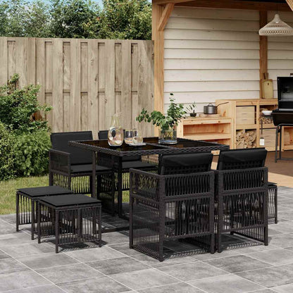 9 Piece Garden Dining Set with Cushions Poly Rattan Glass 8 pcs Black