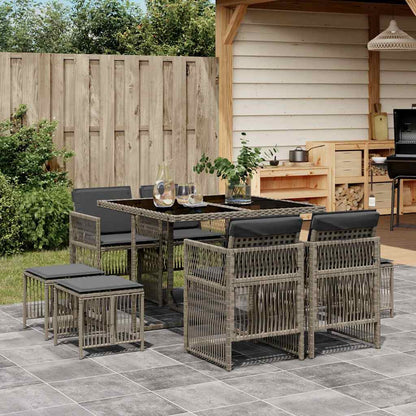 9 Piece Garden Dining Set with Cushions Poly Rattan Glass 8 pcs Grey