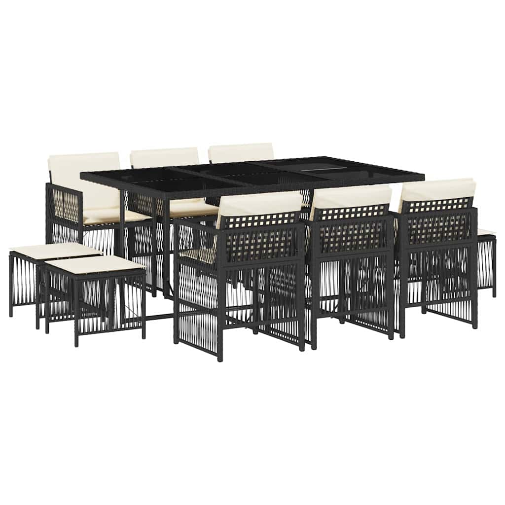 11 Piece Garden Dining Set with Cushions Poly Rattan Glass 10 pcs Black and cream