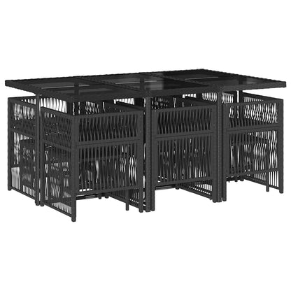11 Piece Garden Dining Set with Cushions Poly Rattan Glass 10 pcs Black and cream