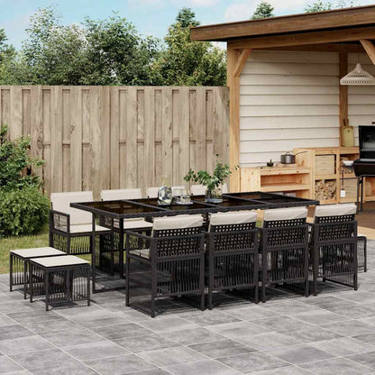 13 Piece Garden Dining Set with Cushions Poly Rattan Glass 12 Black and cream