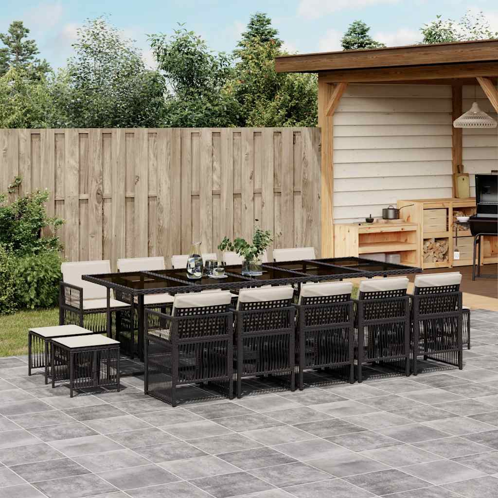 vidaXL 15 Piece Garden Dining Set with Cushions Black Poly Rattan 1