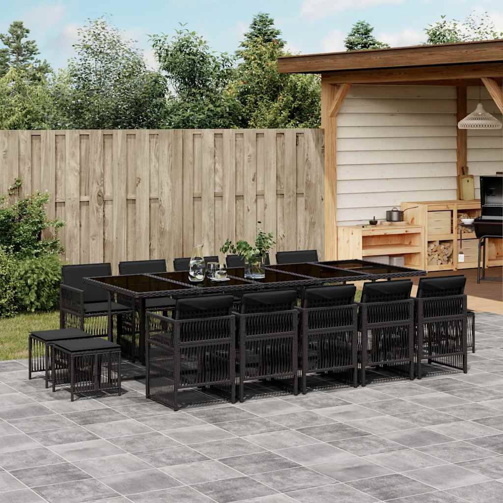 vidaXL 15 Piece Garden Dining Set with Cushions Black Poly Rattan 1