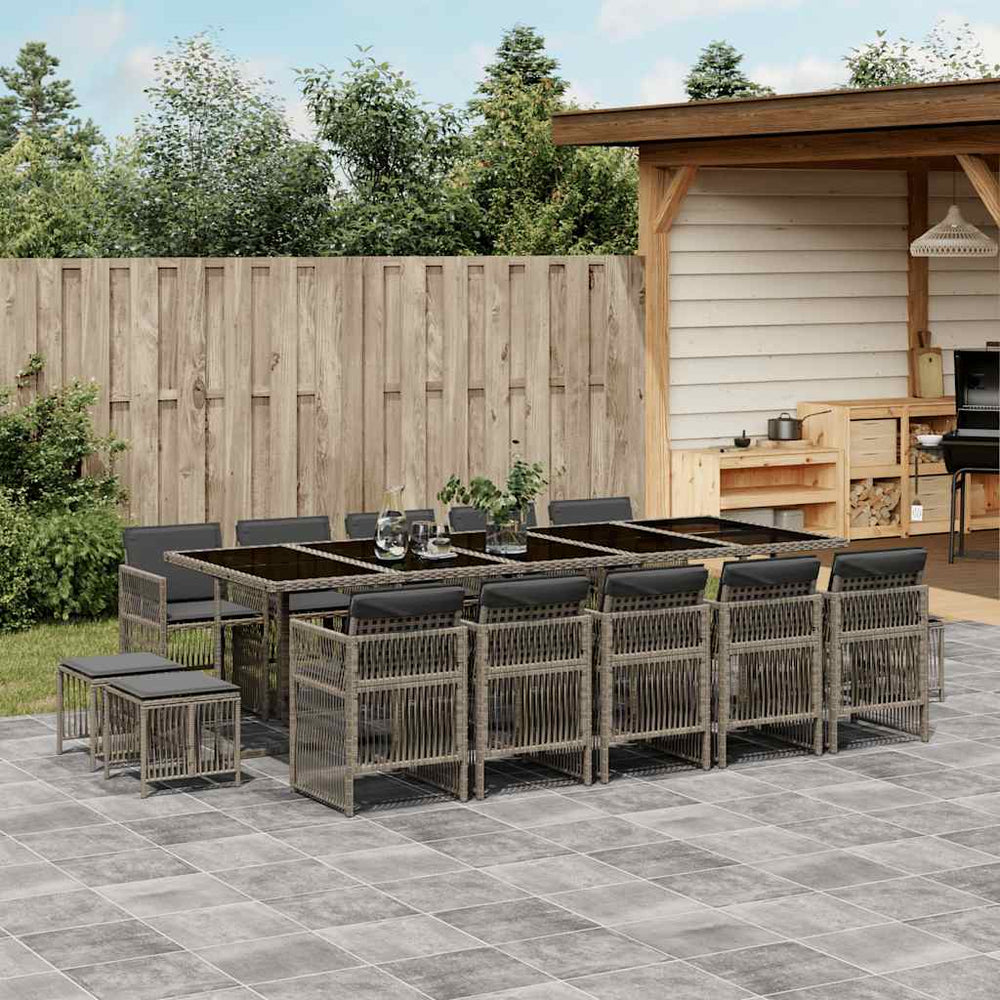 vidaXL 15 Piece Garden Dining Set with Cushions Grey Poly Rattan