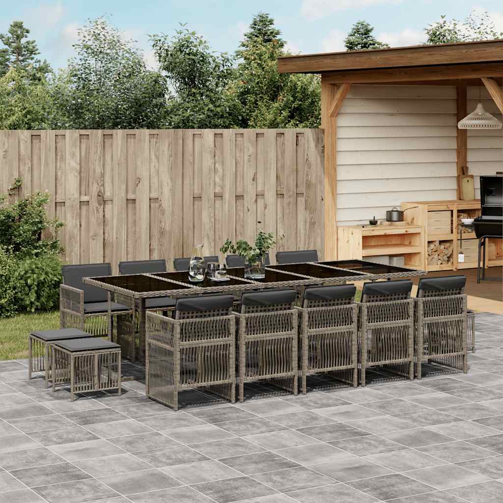 vidaXL 15 Piece Garden Dining Set with Cushions Grey Poly Rattan 1