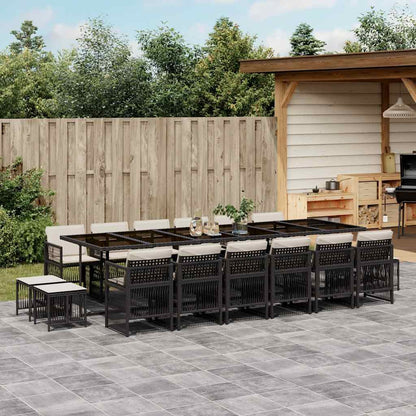 17 Piece Garden Dining Set with Cushions Poly Rattan Glass 16 Black and cream
