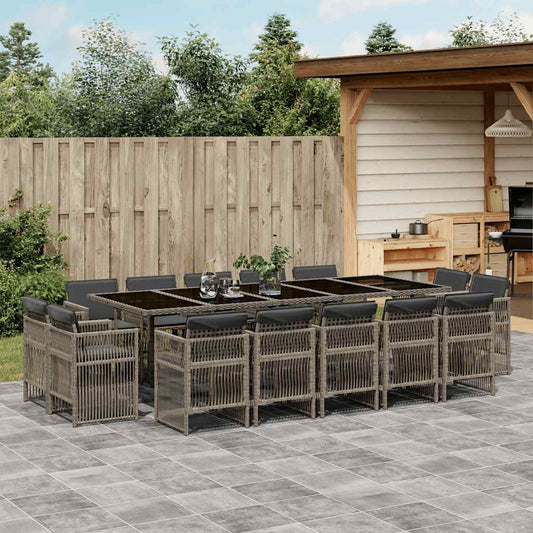 15 Piece Garden Dining Set with Cushions Poly Rattan Glass 14 Grey