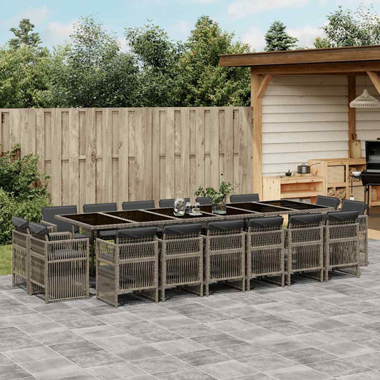 17 Piece Garden Dining Set with Cushions Poly Rattan Glass 16 Grey