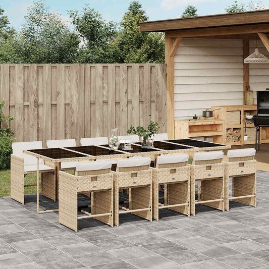 vidaXL 11 Piece Garden Dining Set with Cushions Beige Poly Rattan 1