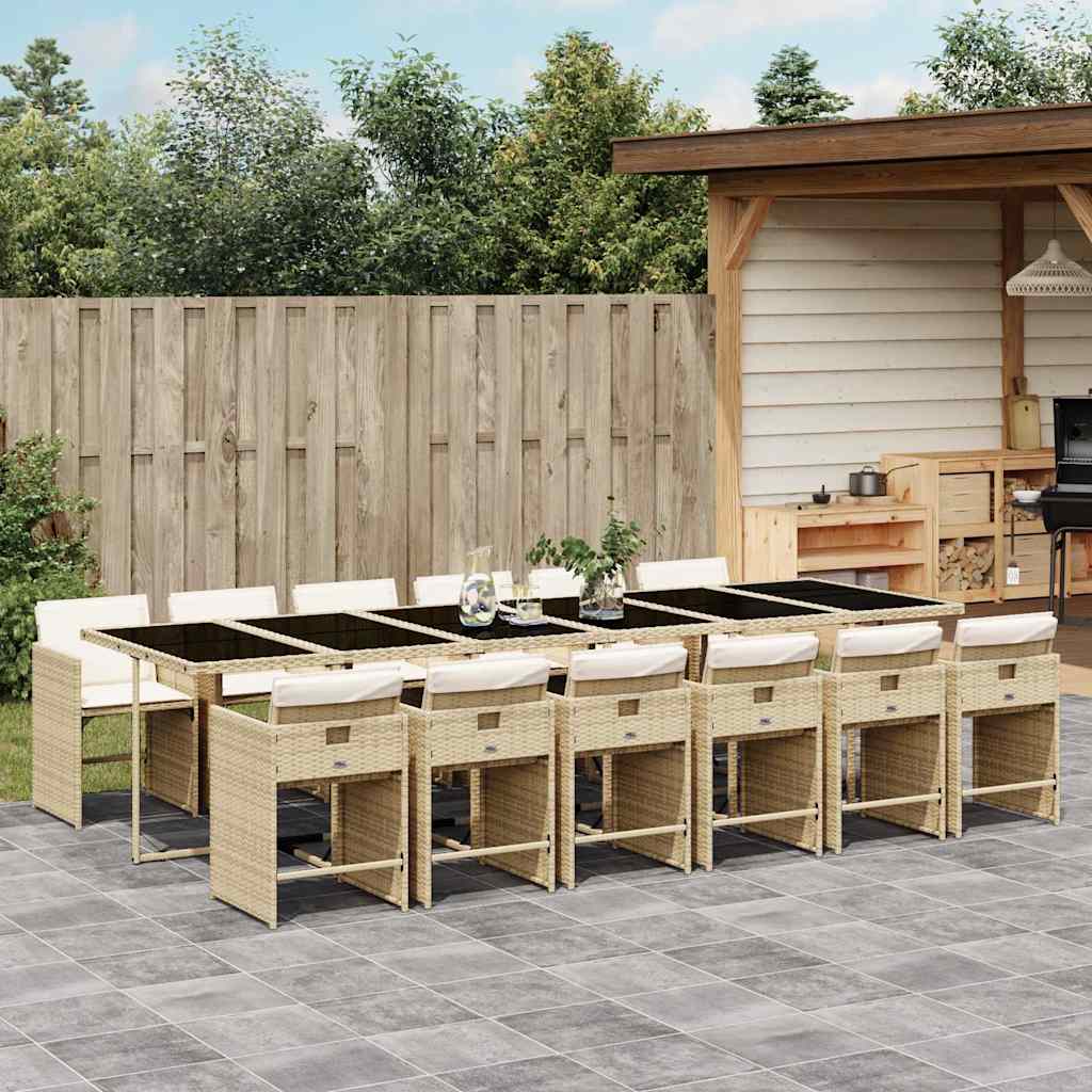 vidaXL 13 Piece Garden Dining Set with Cushions Beige Poly Rattan 1