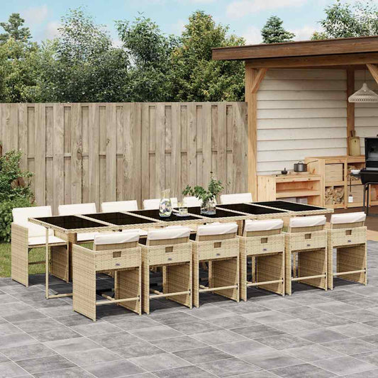 13 Piece Garden Dining Set with Cushions Poly Rattan Glass 12 Beige and cream
