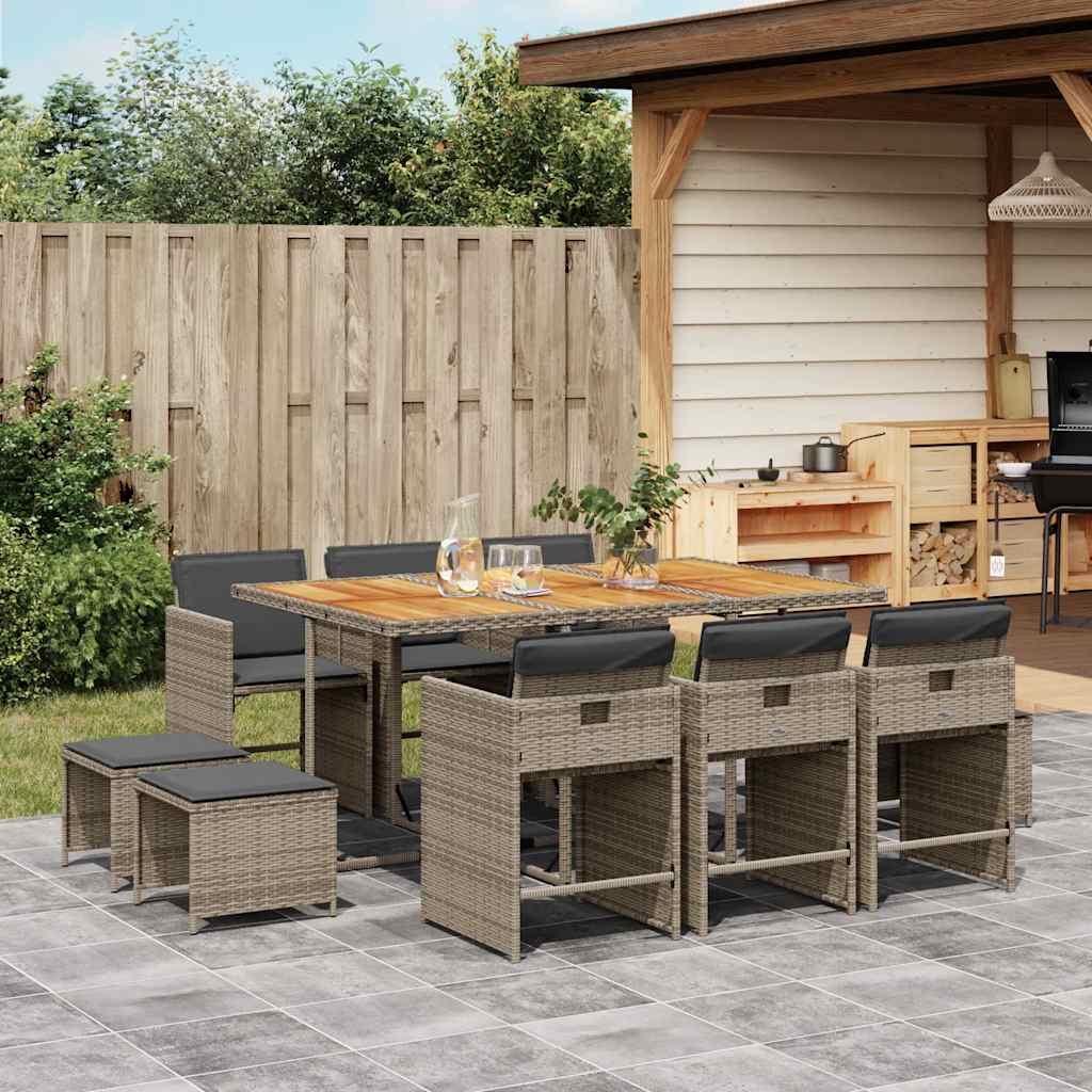 vidaXL 11 Piece Garden Dining Set with Cushions Grey Poly Rattan 1