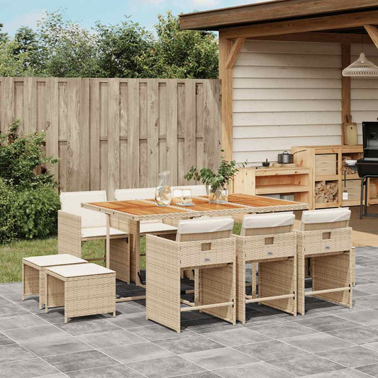9 Piece Garden Dining Set with Cushions Poly Rattan Wood Beige 10
