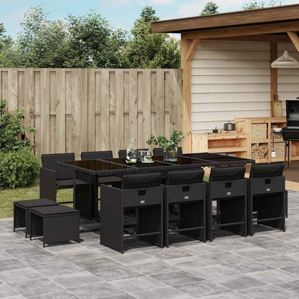 vidaXL 13 Piece Garden Dining Set with Cushions Black Poly Rattan
