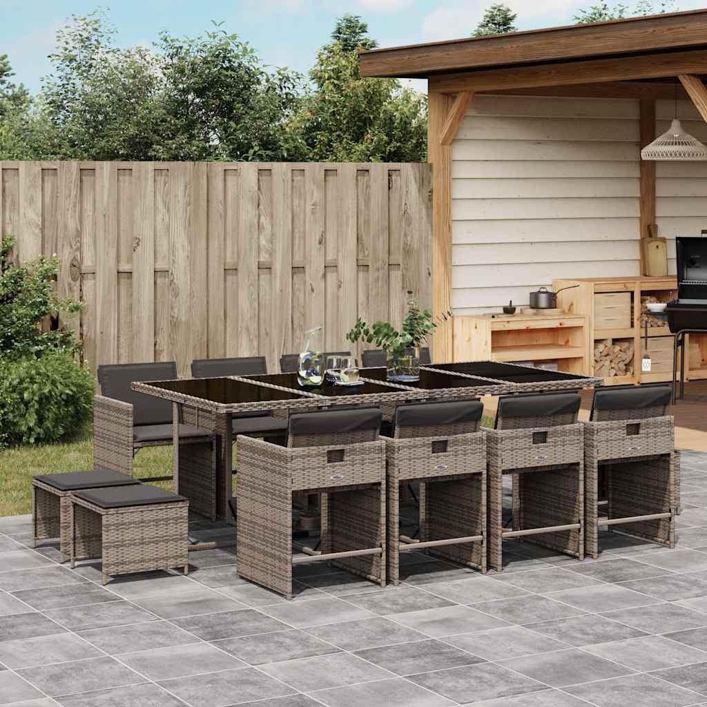 vidaXL 13 Piece Garden Dining Set with Cushions Grey Poly Rattan 1