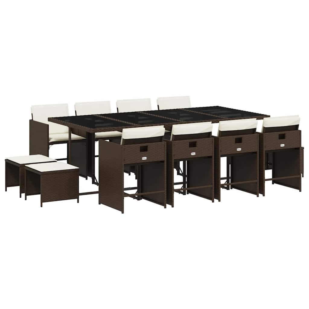 vidaXL 13 Piece Garden Dining Set with Cushions Brown Poly Rattan 2