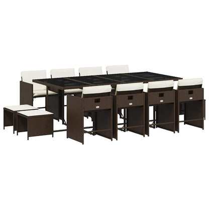 13 Piece Garden Dining Set with Cushions Poly Rattan Glass 12 Brown
