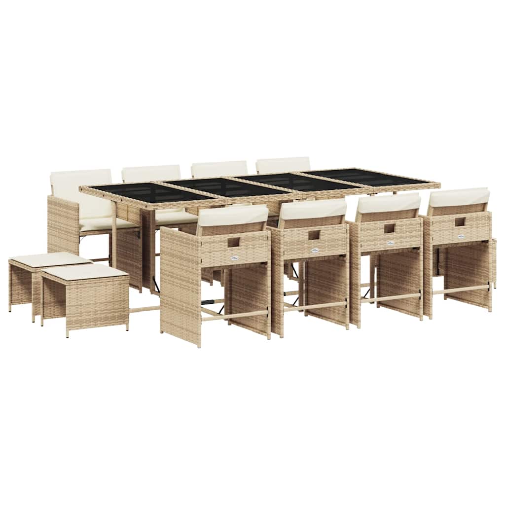 13 Piece Garden Dining Set with Cushions Poly Rattan Glass 12 Beige
