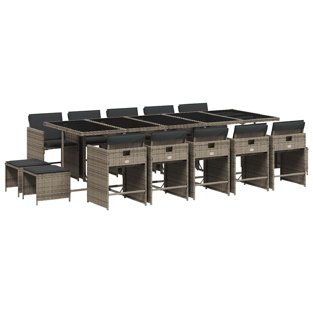 vidaXL 15 Piece Garden Dining Set with Cushions Grey Poly Rattan 2