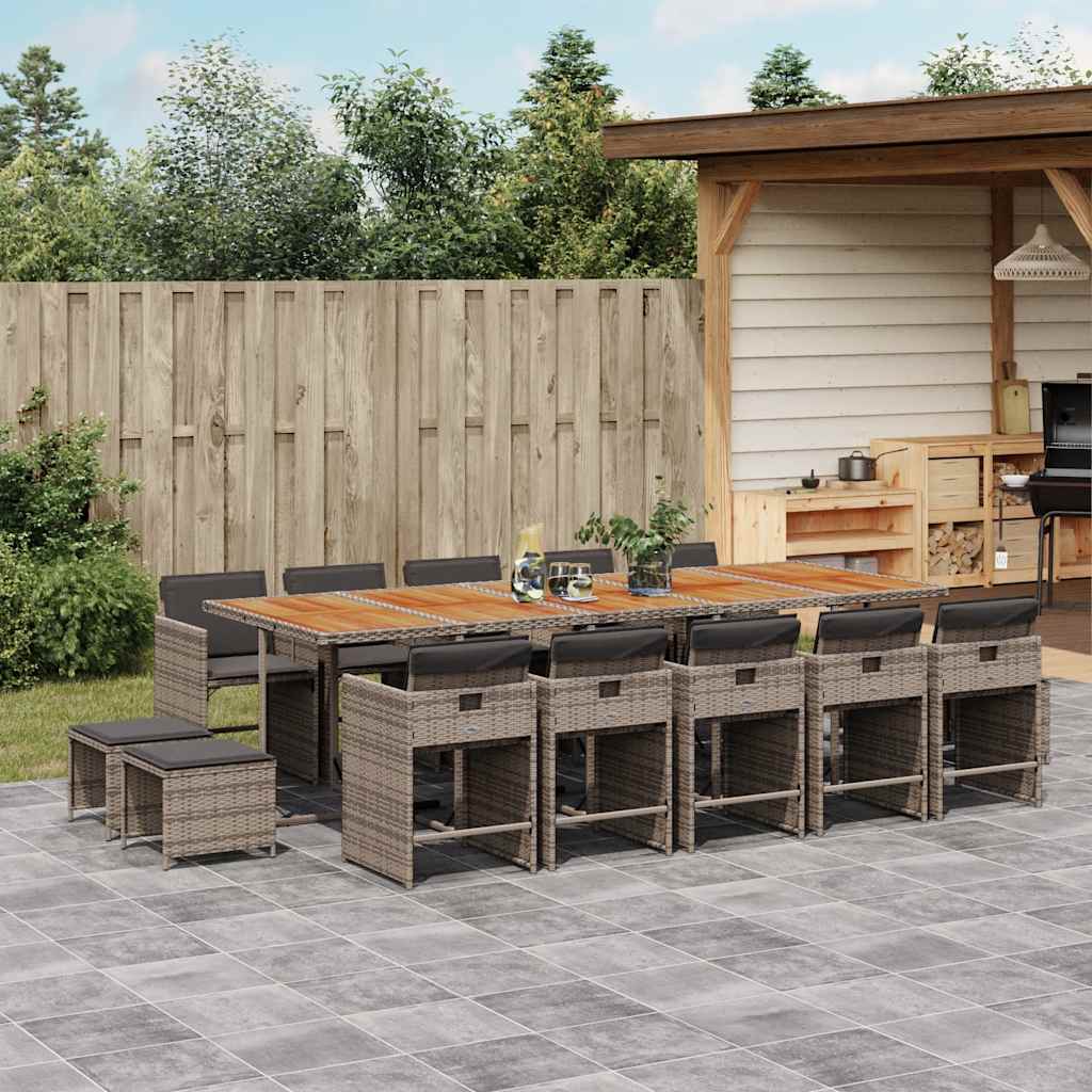vidaXL 15 Piece Garden Dining Set with Cushions Grey Poly Rattan 1