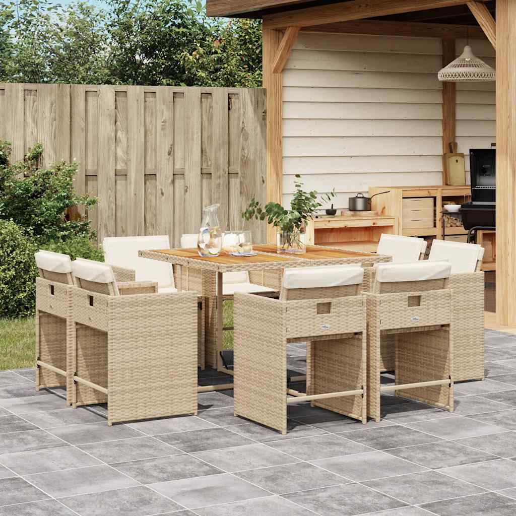 vidaXL 9 Piece Garden Dining Set with Cushions Poly Rattan Wood