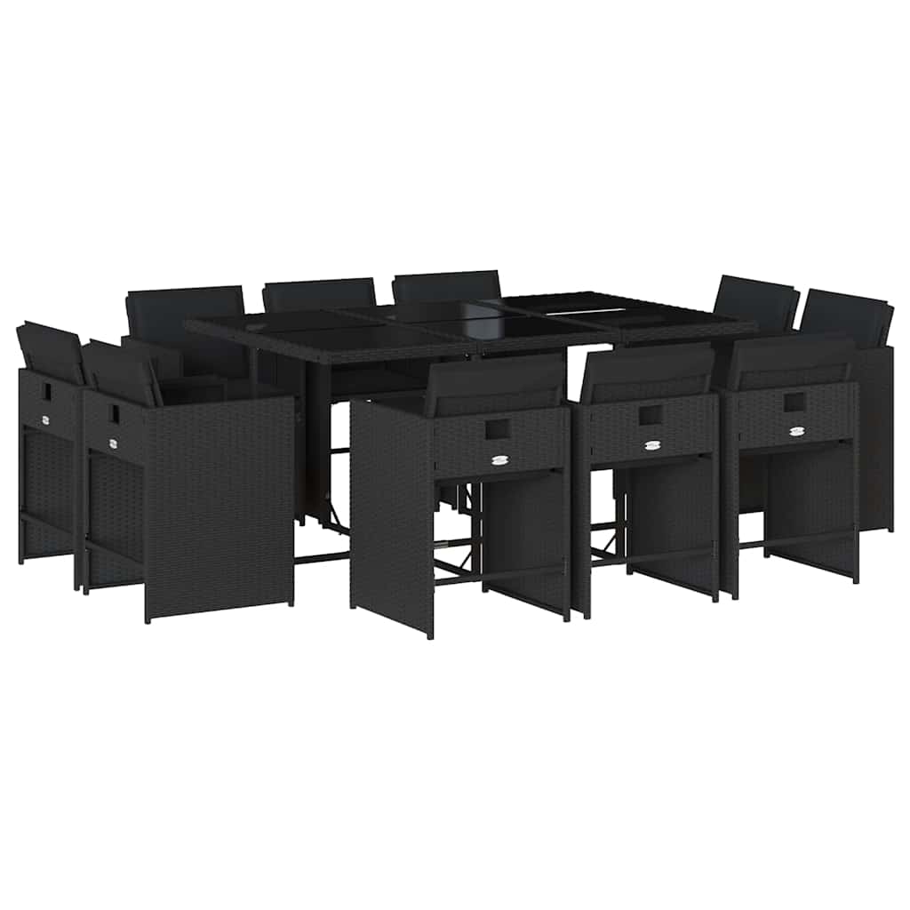 vidaXL 11 Piece Garden Dining Set with Cushions Black Poly Rattan 2