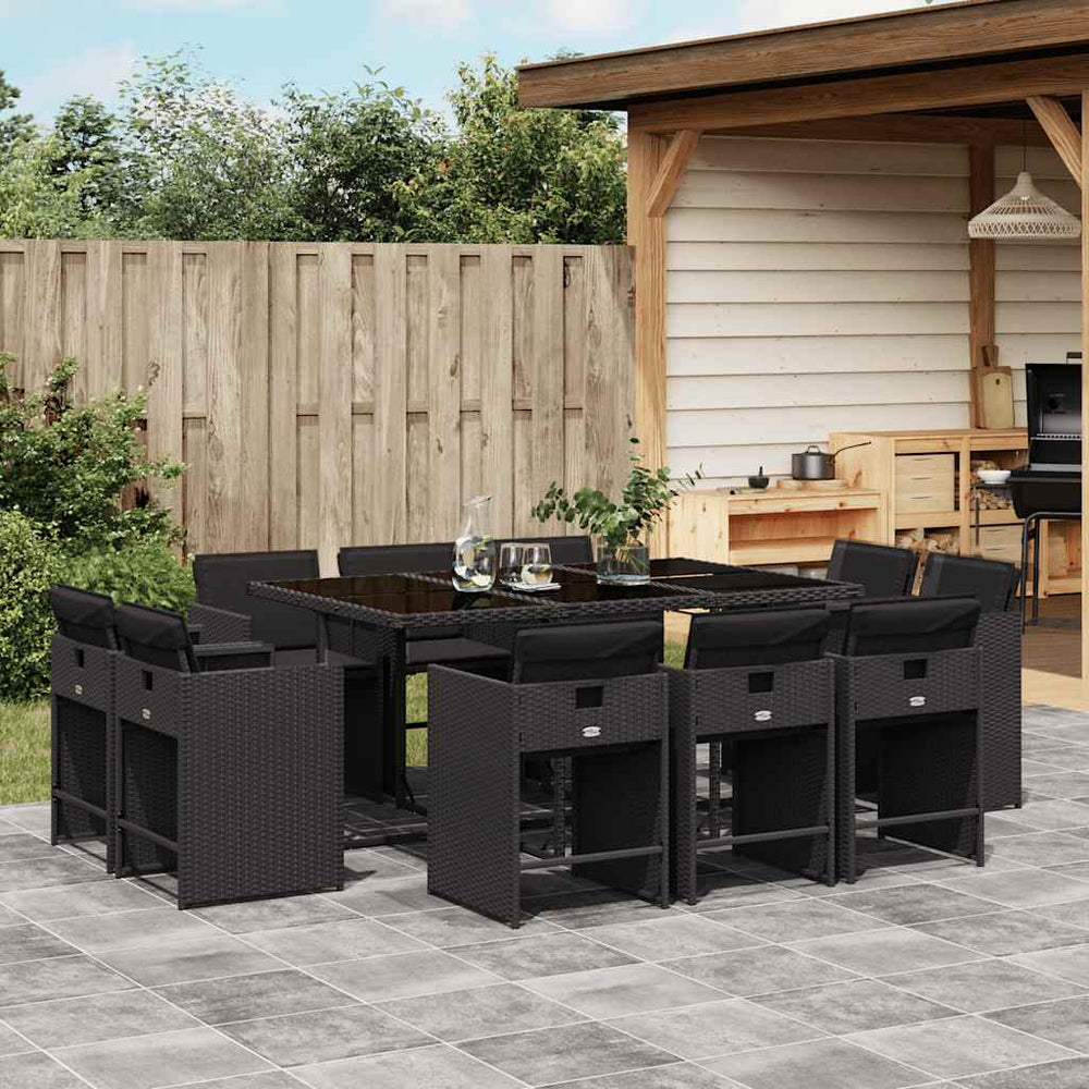vidaXL 11 Piece Garden Dining Set with Cushions Black Poly Rattan