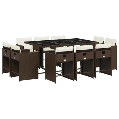 vidaXL 11 Piece Garden Dining Set with Cushions Brown Poly Rattan 2