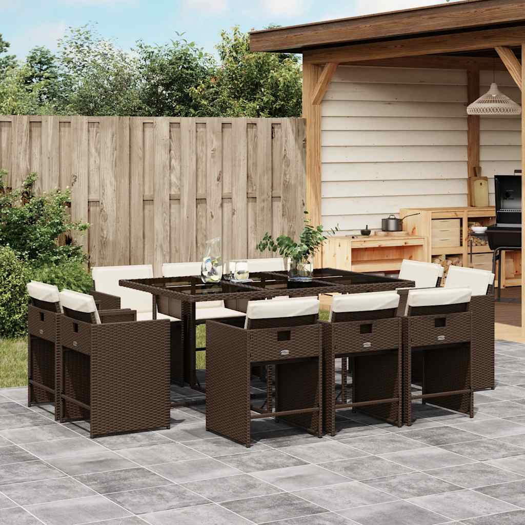 vidaXL 11 Piece Garden Dining Set with Cushions Brown Poly Rattan 1