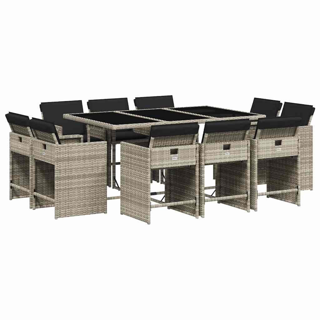 vidaXL 11 Piece Garden Dining Set with Cushions Light Grey Poly Rattan 2