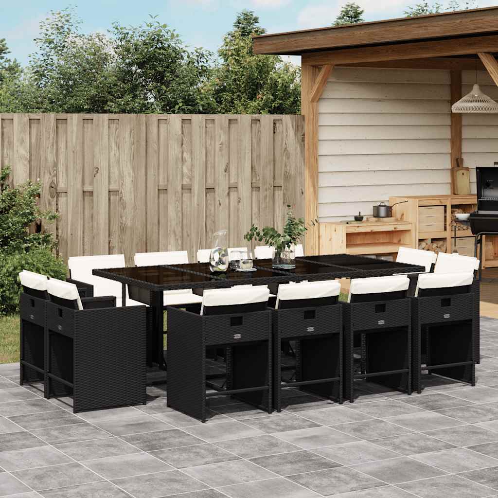 vidaXL 13 Piece Garden Dining Set with Cushions Black Poly Rattan 1