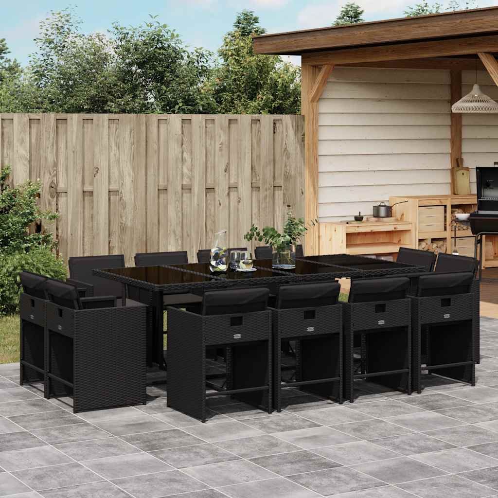 vidaXL 13 Piece Garden Dining Set with Cushions Black Poly Rattan 1