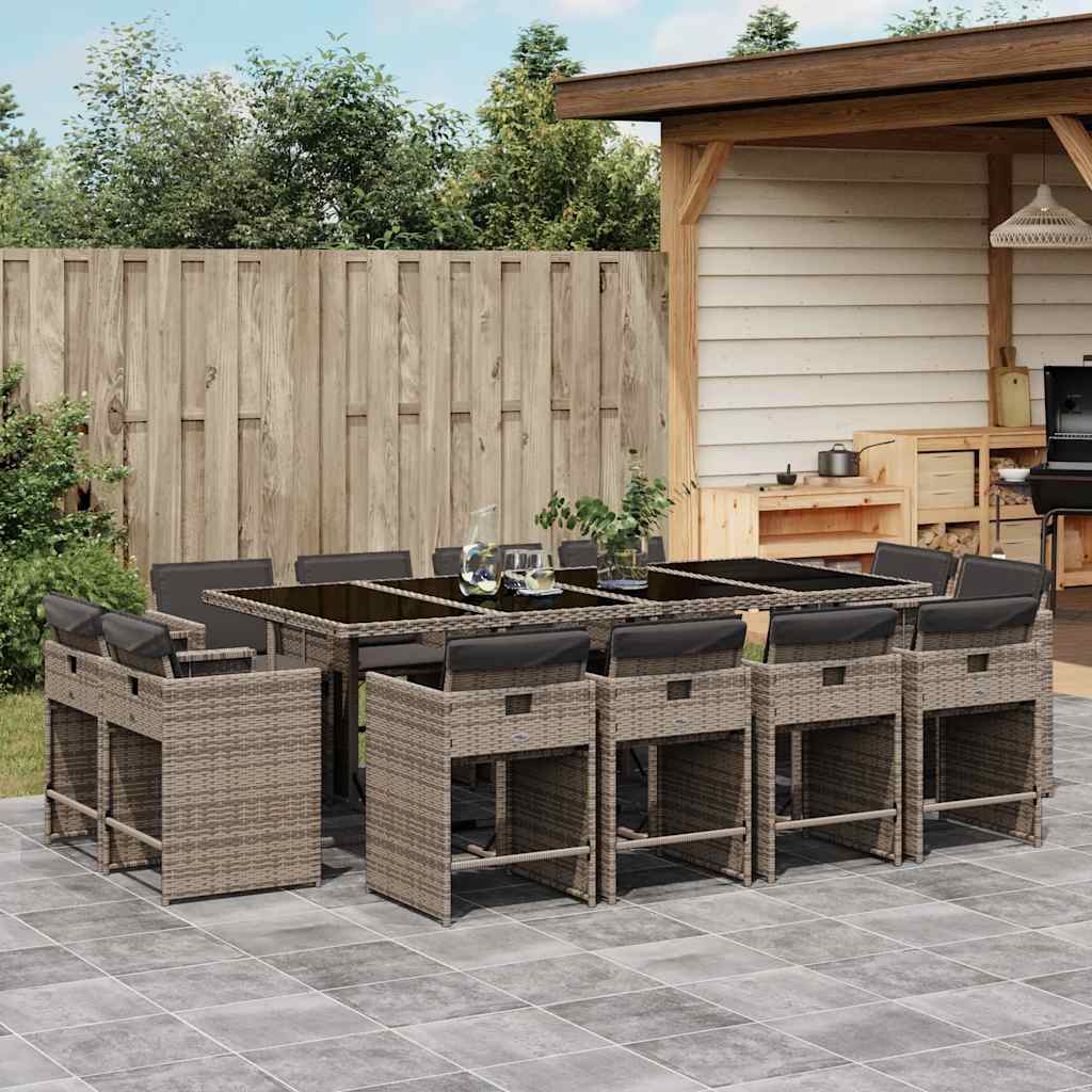 vidaXL 13 Piece Garden Dining Set with Cushions Grey Poly Rattan 1