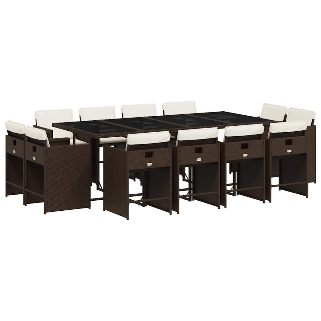 13 Piece Garden Dining Set with Cushions Poly Rattan Glass 12 Brown