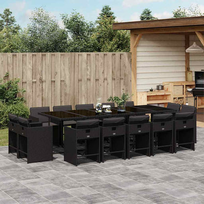 15 Piece Garden Dining Set with Cushions Poly Rattan Glass 14 Black