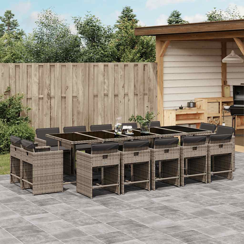 vidaXL 15 Piece Garden Dining Set with Cushions Grey Poly Rattan 1