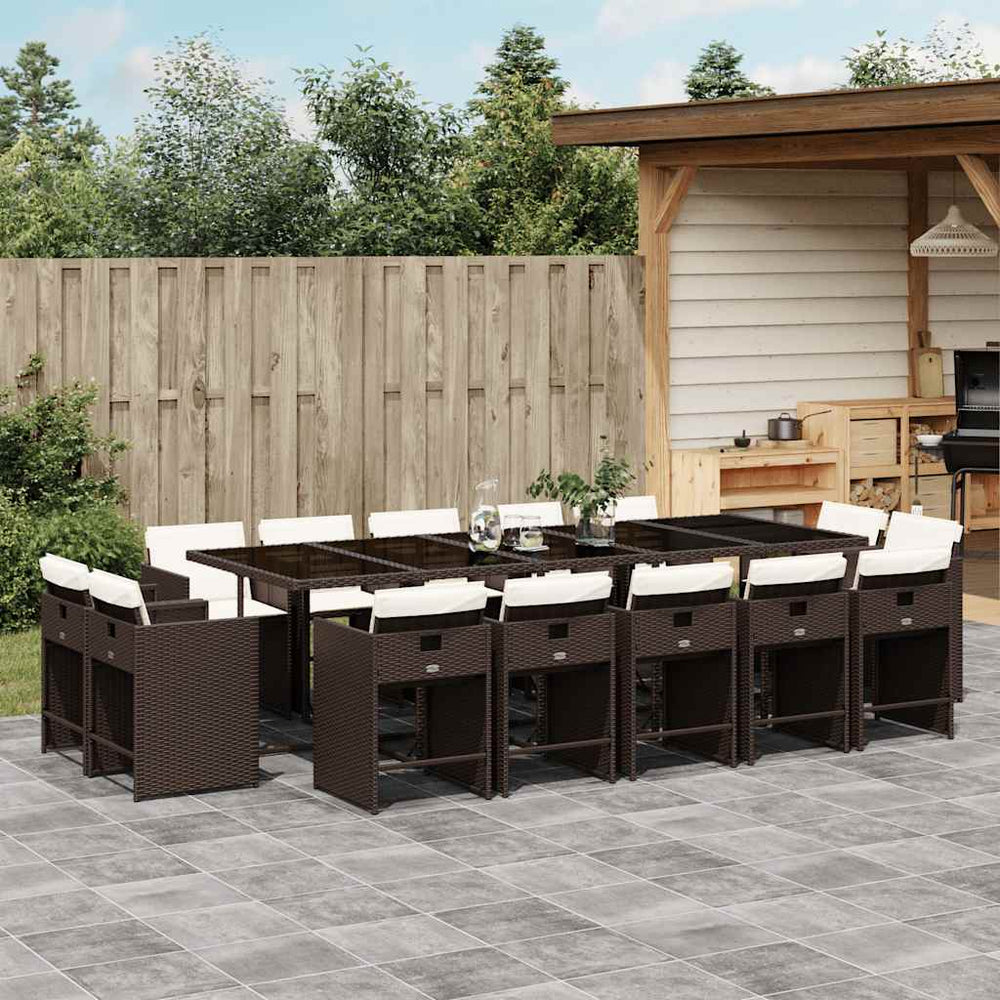 vidaXL 15 Piece Garden Dining Set with Cushions Brown Poly Rattan