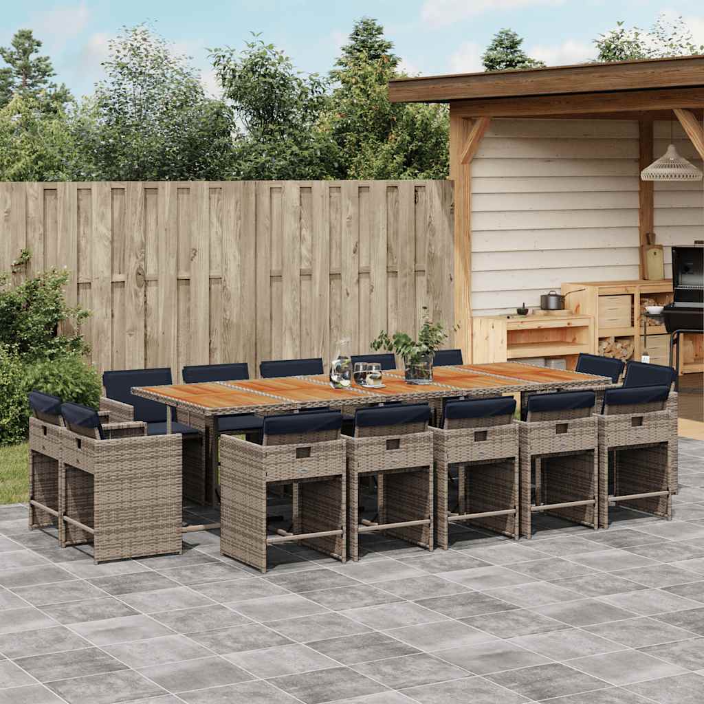 vidaXL 15 Piece Garden Dining Set with Cushions Grey Poly Rattan 1