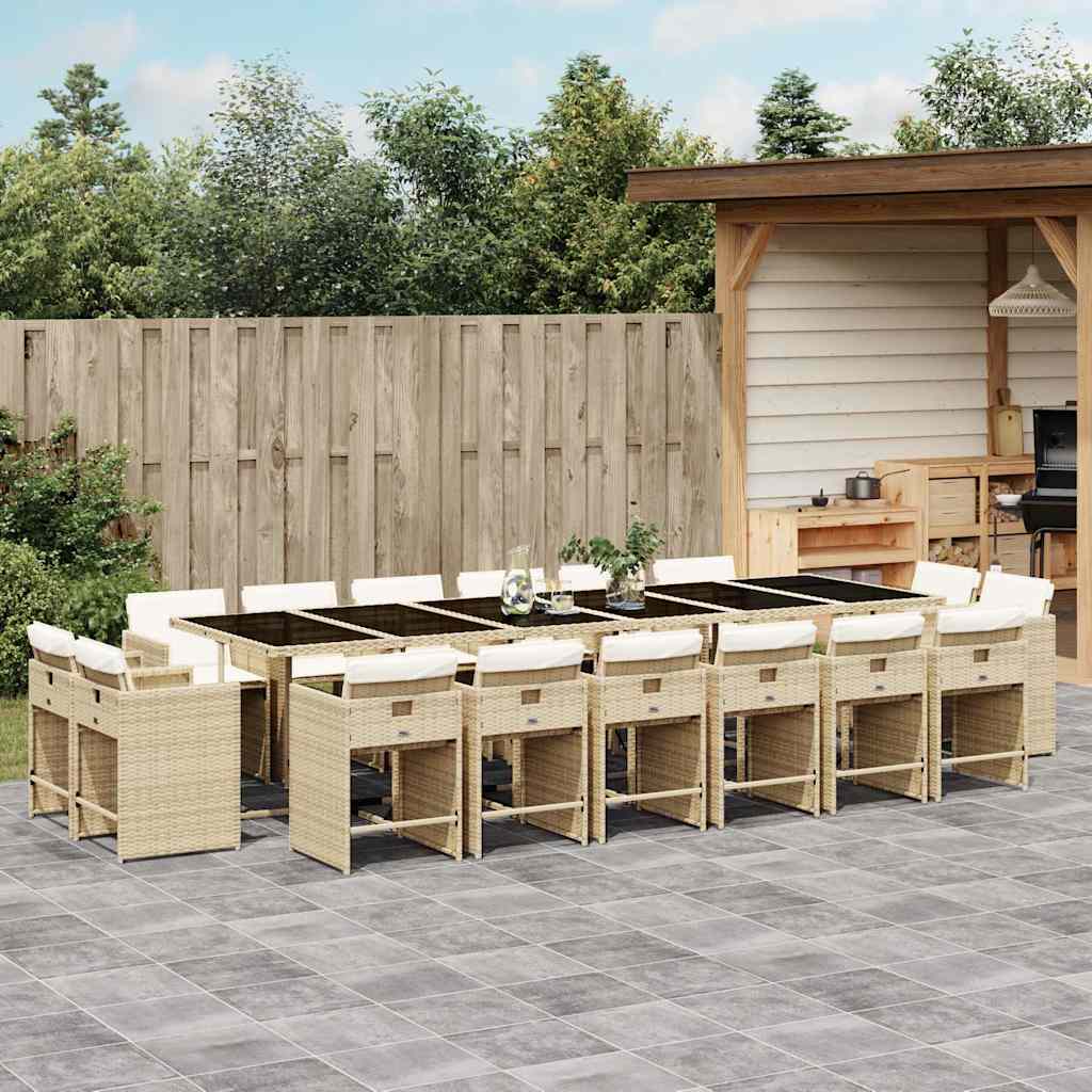 vidaXL 17 Piece Garden Dining Set with Cushions Beige Poly Rattan 1