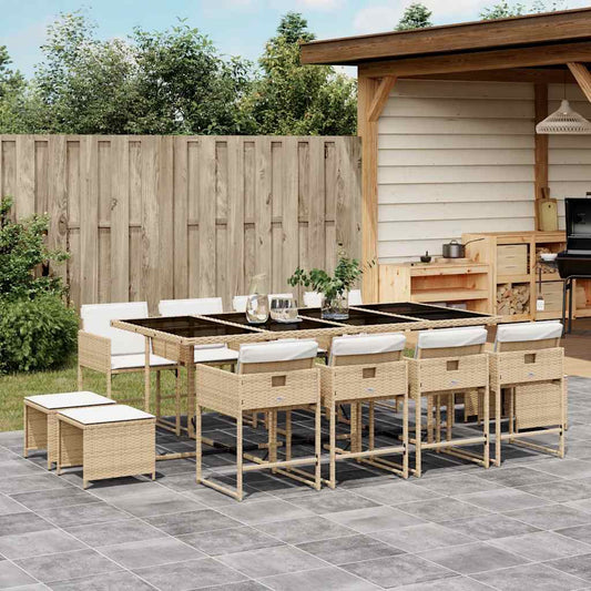 13 Piece Garden Dining Set with Cushions Poly Rattan Glass 12 Beige