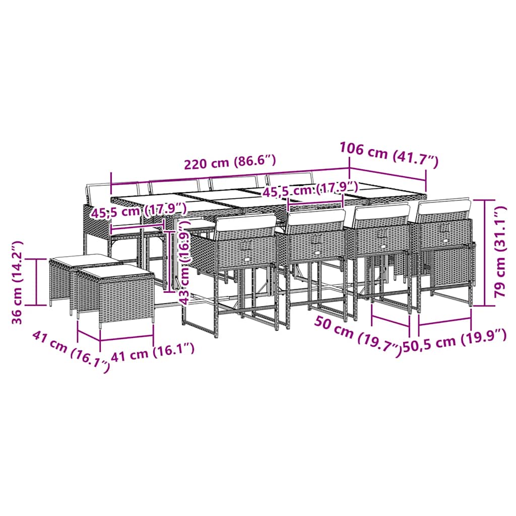 vidaXL 13 Piece Garden Dining Set with Cushions Black Poly Rattan 6