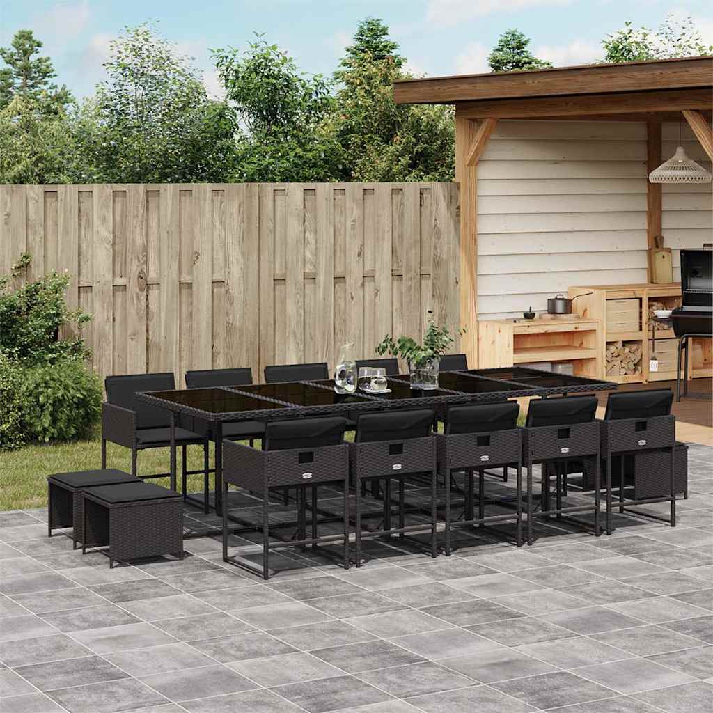 vidaXL 15 Piece Garden Dining Set with Cushions Black Poly Rattan 1