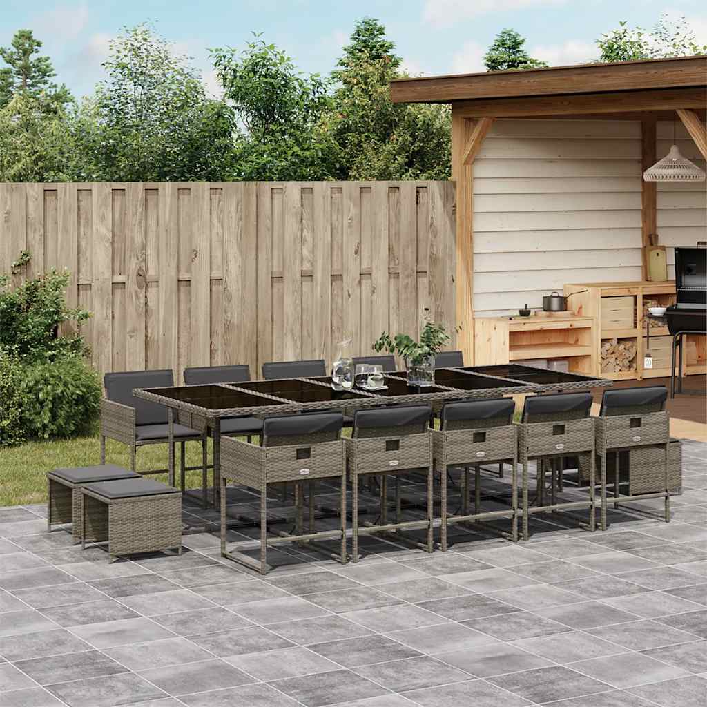 vidaXL 15 Piece Garden Dining Set with Cushions Grey Poly Rattan 1